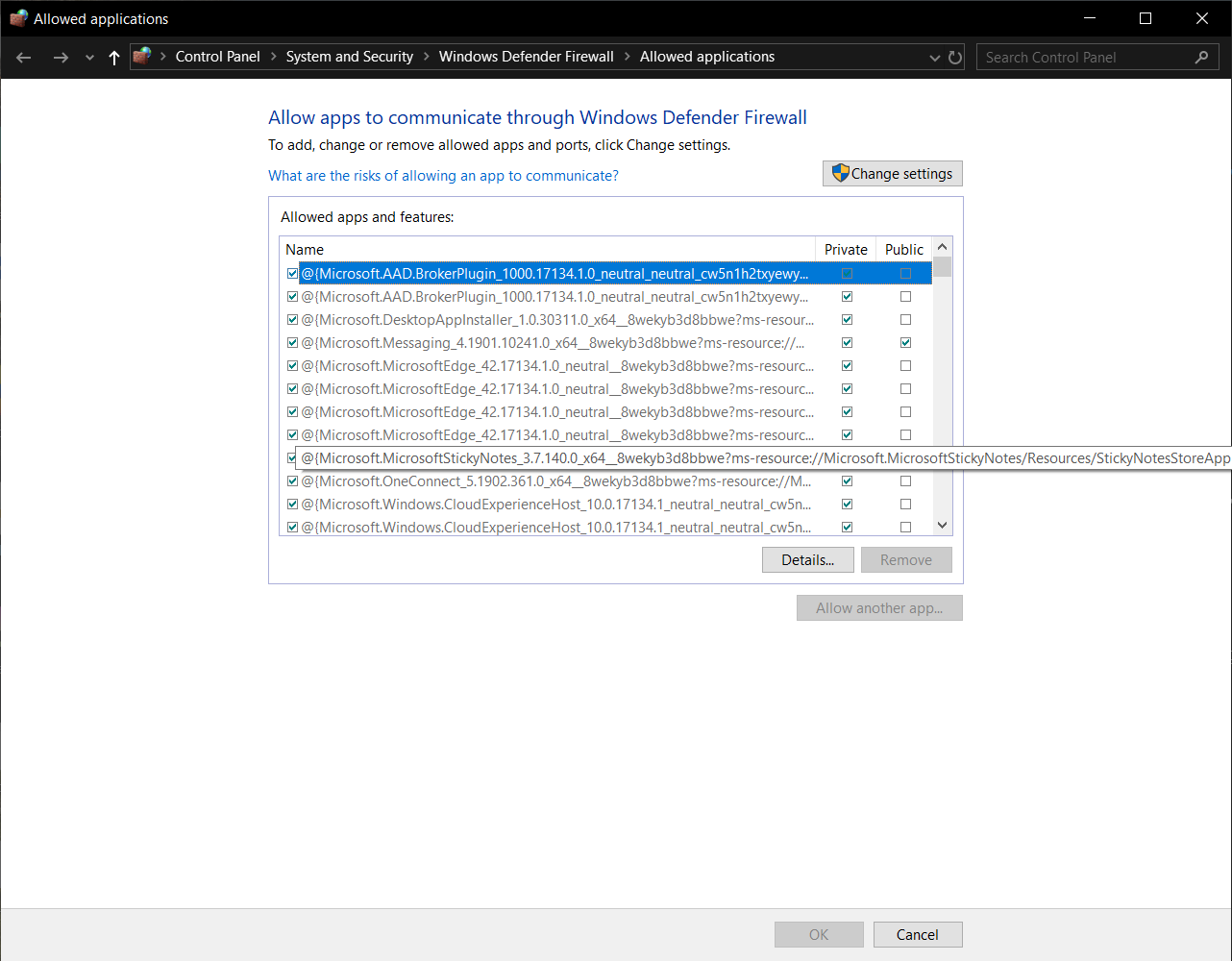 Allowed applications for Windows Defender Firewall